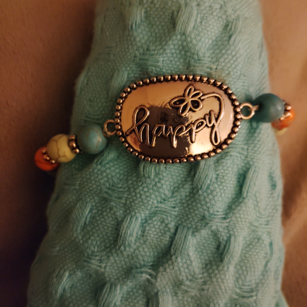 Silver 'Happy' Bracelet with Multicolor Beads